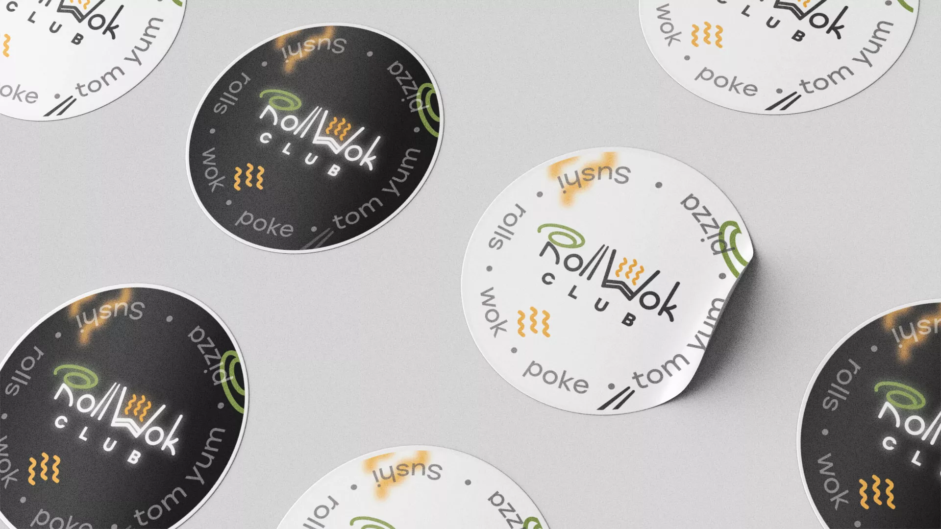 Разработка дизайна наклеек для суши-бара «Roll Wok Club» в Дигоре Разработка наклеек для суши-бара «Roll Wok Club» в Дигоре